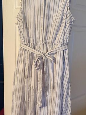 Lane Bryant White Dress with Blue Pinstripes and Tie Waist